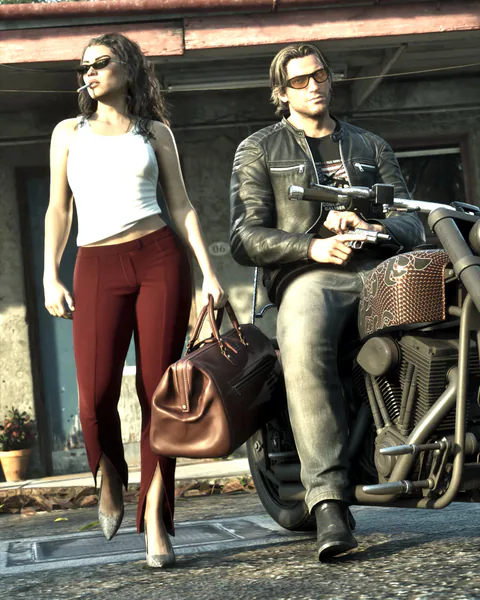 Lucia Caminos carries a large travel bag beside Jason Duval, who sits on a motorcycle holding a pistol.
