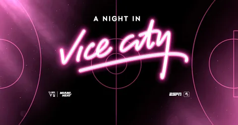 A NIGHT IN Vice City graphic pairs the event title with GTA VI, Miami HEAT, ESPN and Rockstar Games branding.