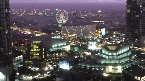 Vice City at night includes a large waterfront arena and a brightly lit Ferris wheel across the skyline.