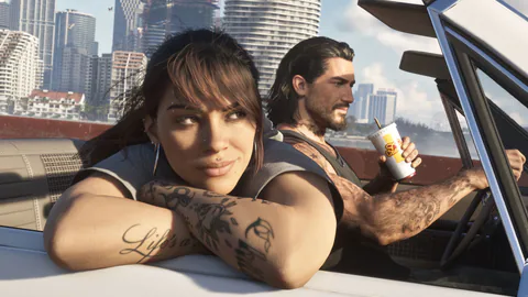 Lucia leans out of a car while Jason drives through Vice City.