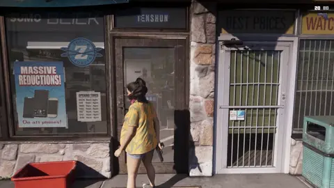 Lucia, pistol in hand, at the Zekes Gadgets door.