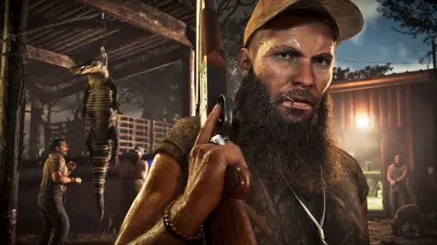 A bearded man with a long gun, an alligator strung up from the rafters behind him.