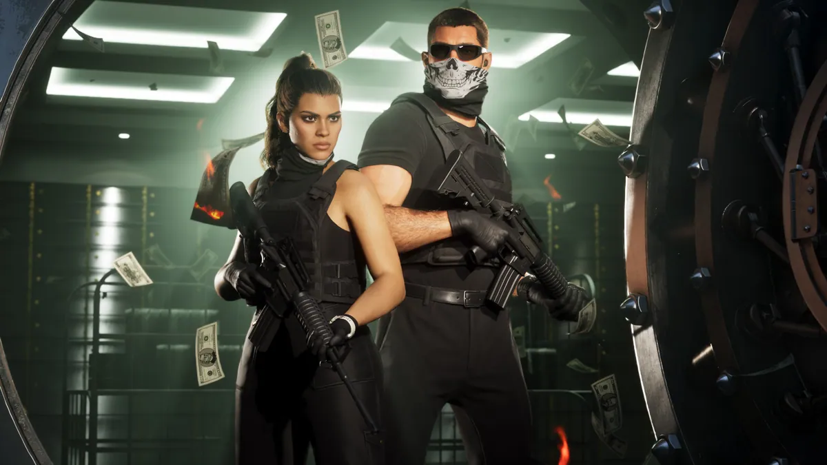 Jason in a skull face mask and Lucia in tactical gear inside a bank vault, cash in the air.