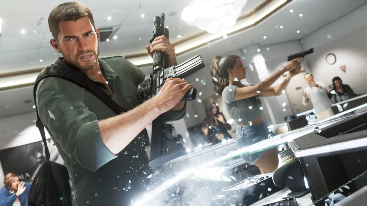Jason with a rifle and Lucia with a pistol storm an office as glass shatters.