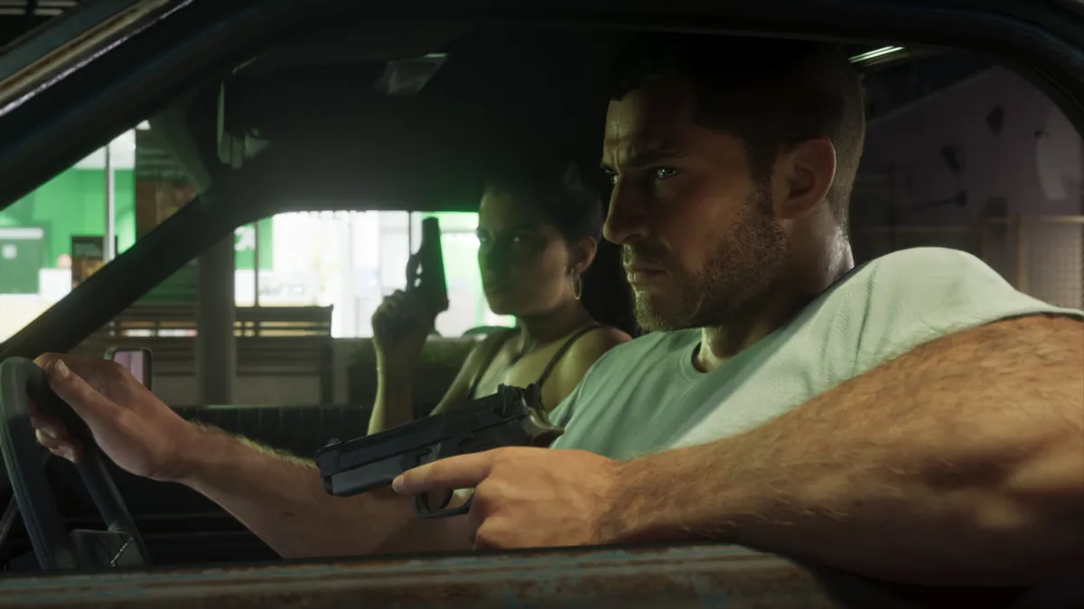 Jason at the wheel with a pistol drawn, Lucia behind him with hers raised.