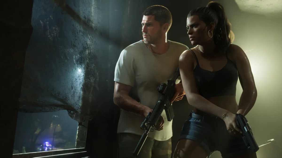 Jason and Lucia at a window at night, rifle and pistol ready, blue police lights outside.