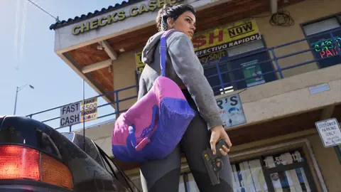 Lucia outside a check-cashing store, a duffel bag on her shoulder and a pistol in hand.