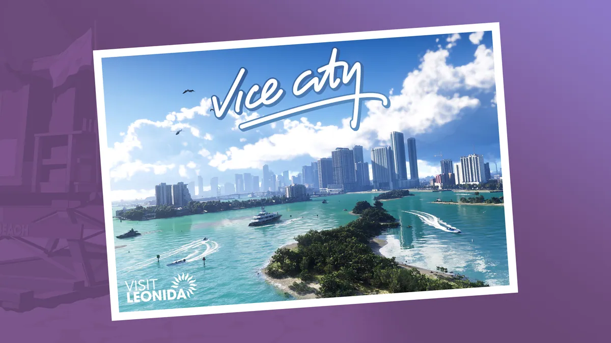Rockstar’s Vice City postcard, with a Visit Leonida logo in the corner.