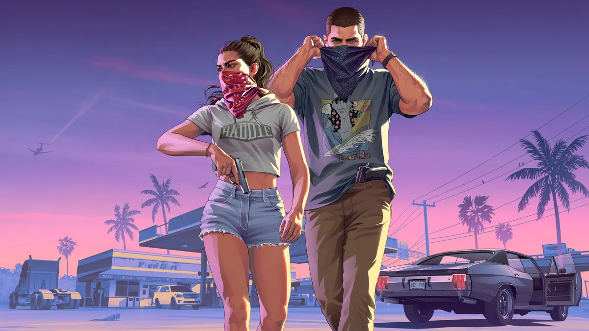 An Extended Look artwork: Lucia masked with a bandana, Jason pulling his up, outside a gas station.
