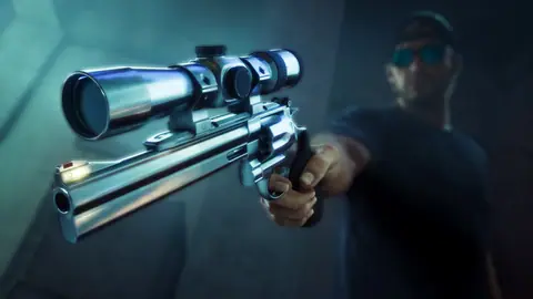 Jason’s scoped revolver, aimed straight at the camera.