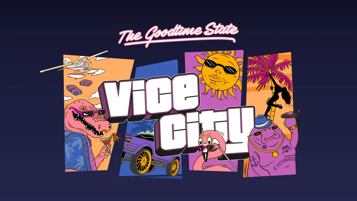 Rockstar’s artwork for the collection: Macca the Gator, a seaplane, a lowrider, a flamingo and Chunkee the Manatee around a Vice City logo.