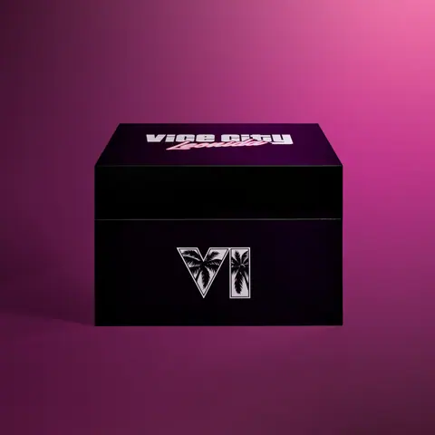 The collector’s box closed: black, with Vice City Leonida on the lid and a palm-tree VI logo on the front.