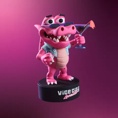 The six-inch Macca figure from the collector’s box, holding a cocktail on a Vice City Leonida base.