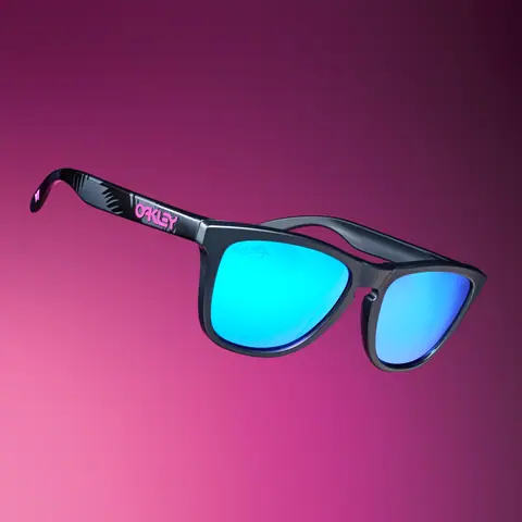 Matte black Oakley Frogskins sunglasses with blue Prizm Sapphire lenses.