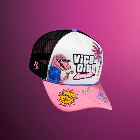 The New Era snapback: a white and pink front with Macca, the sun and a Vice City Leonida patch, black mesh behind.