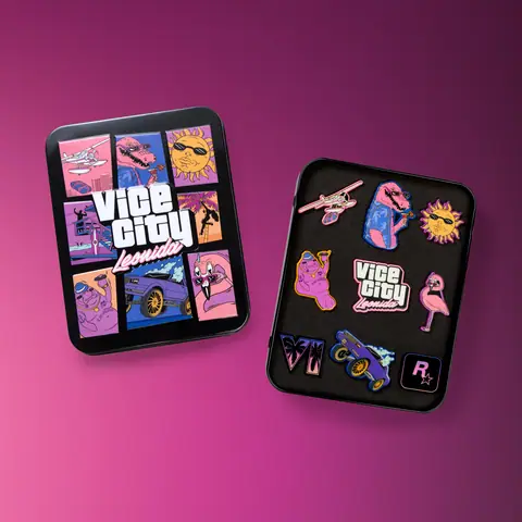 The enamel pin set: nine pins, among them Macca, the sun, a flamingo and a lowrider, and a tin styled after GTA Vice City’s cover.