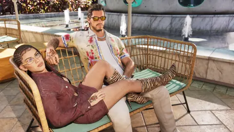 Vice City Style: Jason and Lucia in wicker chairs by a fountain, Lucia in tiger-print boots.